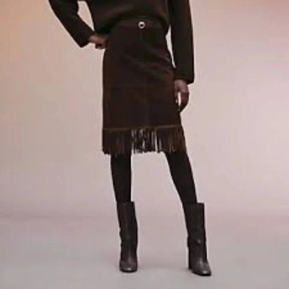 Vintage Mister Leather Chocolate Brown Suede Leather Fringe Midi Skirt - Picture 1 of 16
